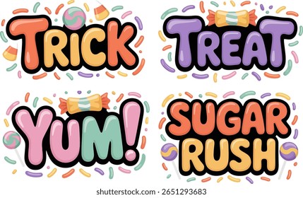 Adesivo de doce de Halloween, truque tratar yum, corrida de açúcar, etiqueta de deleite colorido, sinal de sobremesa assustador, decoração de festa de Halloween