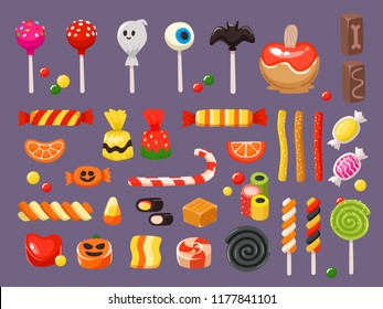 Halloween candy. Sweet candies, scary bat lollipop and kids sweets liquorice butterscotch, cupcakes and jelly treats, october trick or treat entertainment vector illustration isolated symbols set