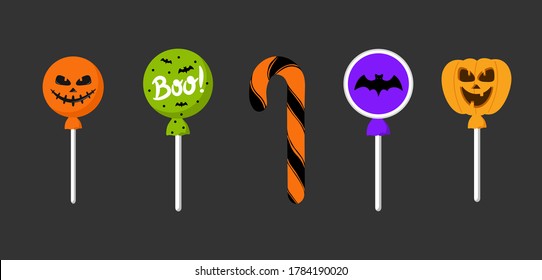 Halloween candy. Sweet candies, scary bat lollipop and kids sweets liquorice butterscotch, jelly, october trick or treat entertainment. Vector illustration in flat style.