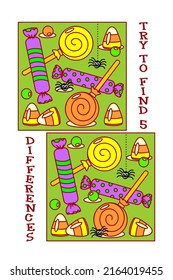 Halloween candy and sweets find differences visual puzzle or picture riddle.
