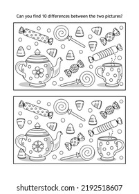 Halloween candy and tea party find the differences picture puzzle and coloring page
