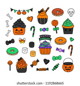 Halloween candy vector hand drawn set. Cute festive halloween holiday sweet illustrations; muffins, cupcakes, doughnuts, lollipops, candy corn, chocolate, marshmallow, candy hearts.