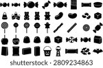 Halloween candy vector icon set. Spooky sweets silhouette collection with gummy bears, trick or treat bucket, lollipops, and chocolate isolated on transparent background.