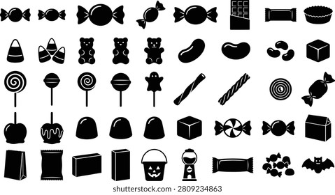 Halloween candy vector icon set. Spooky sweets silhouette collection with gummy bears, trick or treat bucket, lollipops, and chocolate isolated on transparent background.
