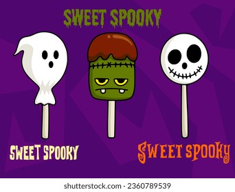 Halloween candy vector illustration. Cute halloween candies shaped like monsters, ghosts, and zombies. Sweet spooky halloween elements