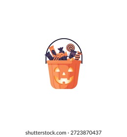 Vetor de doces de Halloween. Jack o lantern bucket ilustração. Tratamentos variados.