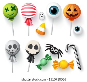 Halloween candy vector set for trick or treat. Sweets halloween candies, candy cane and lollipop in scary candy cover of pumpkin, ghost and eyeball isolated in white background. Vector illustration.
