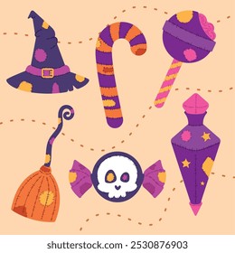 Halloween candy and witch-themed accessories design, Vector