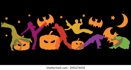 Halloween capoeira training invitation card with orange colored pumpkins, bats. Brasil capoeira people fighting with bats and pumpkins. Funny scary vector illustration.