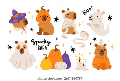 Capybara Halloween clipart conjunto com animais bonitos vestidos como fantasma, bruxa, múmia, abóbora e vela. Engraçado ilustração assustadora bara com abóboras, velas, estrelas e magia Halloween vibes.