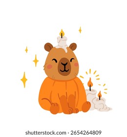 Capybara Halloween clipart conjunto com animais bonitos vestidos como fantasma, bruxa, múmia, abóbora e vela. Engraçado ilustração assustadora bara com abóboras, velas, estrelas e magia Halloween vibes.
