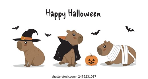 Ilustración vectorial de Capibara de Halloween. Capibara con disfraz de Halloween. ¡Feliz Halloween!