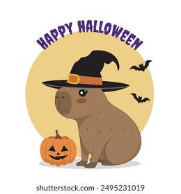 Ilustración vectorial de Capibara de Halloween. Capibara con disfraz de Halloween. Bruja capibara en estilo de dibujos animados. ¡Feliz Halloween!