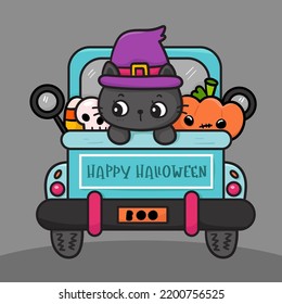 Halloween car with cute cat witch cartoon, Pumpkin jack o lantern, skull, and candy corn kawaii vector (Trick or treat kids). Series Happy girl party costume. Perfect make a wish for pattern.