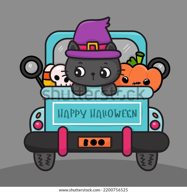 Halloween\
car with cute cat witch cartoon, Pumpkin jack o lantern, skull, and\
candy corn kawaii vector (Trick or treat kids). Series Happy girl\
party costume. Perfect make a wish for\
pattern.