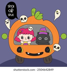 Halloween car with witch girl and cat kitten playing drive pumpkin jack o lantern. Series: Groovy Retro cartoon kawaii (trick or treaters) drawing Kids party holiday festival. 