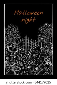 Halloween card with abandoned cemetery and copy space on black background. Hand drawn engraved illustration. 
