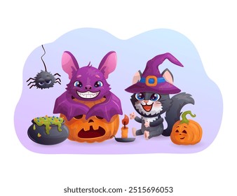 Halloween card with amusing cartoon black cat in witch's hat, bat, spider and cute smiling pumpkin. Vector illustration.