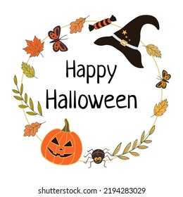 Halloween card with Halloween attributes. Flat style vector illustration. Great for party invitation, flyer, greeting card.