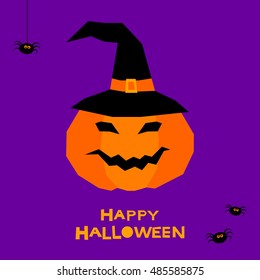 Halloween card background. Abstract orange pumpkin in halloween witch hat isolated on purple cover. Handmade geometric picture for design halloween card, invitation, menu, album etc.