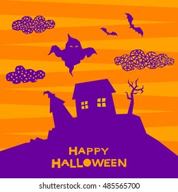 Halloween card background. Abstract witch house isolated on orange. Handmade witch home for design halloween card, invitation, menu, album, poster etc.