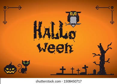 Halloween card, background, banner. Nightmare landscape for banner, invitation, poster. Pixel art, vintage video game 8-bit style.