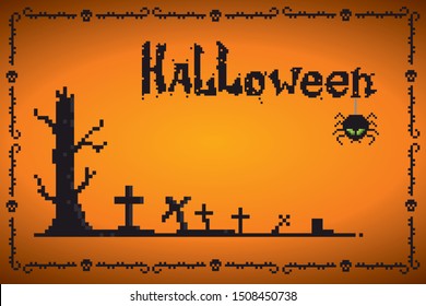 Halloween card, background, banner. Nightmare landscape for banner, invitation, poster. Pixel art, vintage video game 8-bit style.