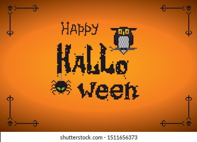 Halloween card, background, banner. Nightmare landscape for banner, invitation, poster. Pixel art, vintage video game 8-bit style.