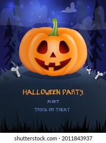 Halloween card background with big smiling pumpkin on the hill. Vector illustration
