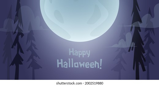 Halloween card background with creepy forest and moon. Vector illustration