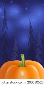 Halloween card background with creepy forest and pumpkin. Vector illustration