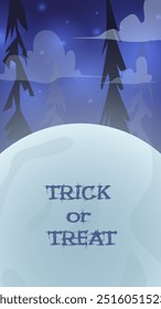 Halloween card background with creepy forest and moon. Vector illustration