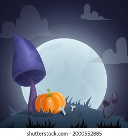 Halloween card background with creepy mushrooms, moon and pumpkin. Vector illustration