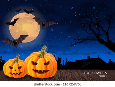Halloween card background with full moon and pumpkins Vector