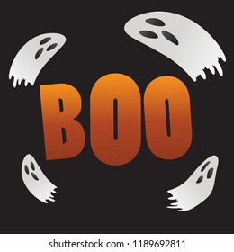 Halloween card background with ghost and word Boo.