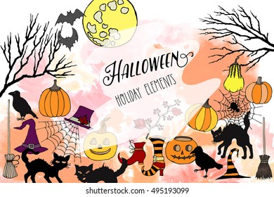Halloween card. Background with  hand drawn elements. decorations with  pumpkin, cat, ghost, moon and trees. Vector Illustration