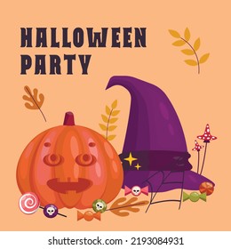 Halloween card background. Halloween party. Promo post template design,candy cauldron,lollipops,sweets,witch hat,web,leaves,fly agaric for Helloween holiday party. colored flat vector illustration
