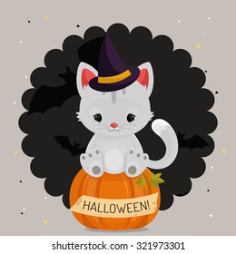 Halloween card or background with white cat.