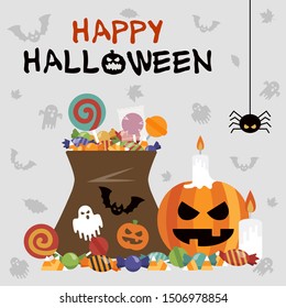 Halloween card with bag of candies, pumpkin with candle, candies and ornaments.
