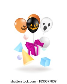 Halloween card with balloons helium and gifts. Vector illustration of Halloween balloon and gift box