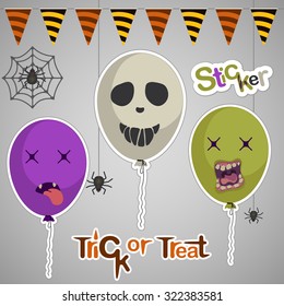 Halloween card with balloons with scary smileys and Halloween ribbon 