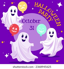 Halloween card with balloons. Vector cartoon funny spirit. Banner, flyer, poster with Halloween three ghosts with colorful balloons on purple. Ghost face, phantasma, phantom, vision, shadow