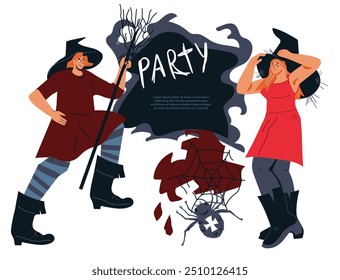 Halloween card banner design with cute female witch characters and sign for text, flat vector illustration isolated on white background.