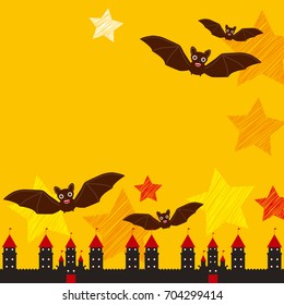 Halloween card banner design for text  With Castle Pumpkin, stars, bats, night sky, black yellow orange red background. Vector