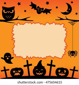 Halloween card or banner with owl, bats, pumpkins in night. Vector background.
