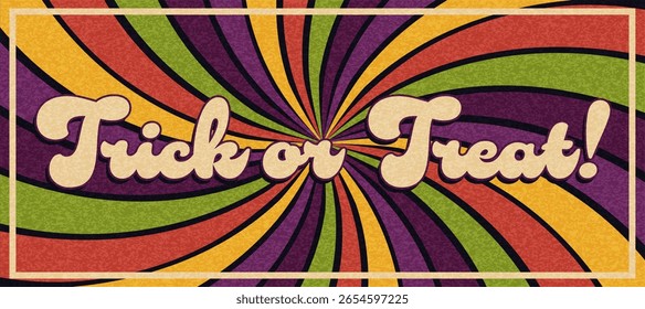 Cartão e faixa de Halloween com a frase Trick or Treat em um fundo retro espiral com textura granulada. Ilustração vetorial retrô, arte decorativa.