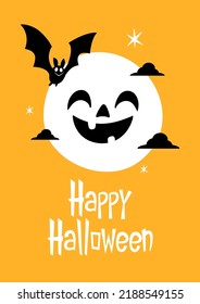 Halloween card. Halloween banner. Vector Halloween background with illustration of flying bats over moon. White moon.