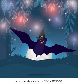 halloween card with bat flying in dark night scene