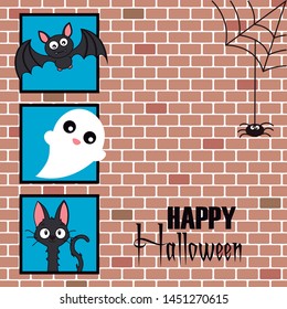 Halloween card. Bat, ghost and black cat. Space for text