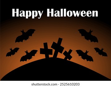 Cartão de Halloween com morcegos voando sobre um cemitério